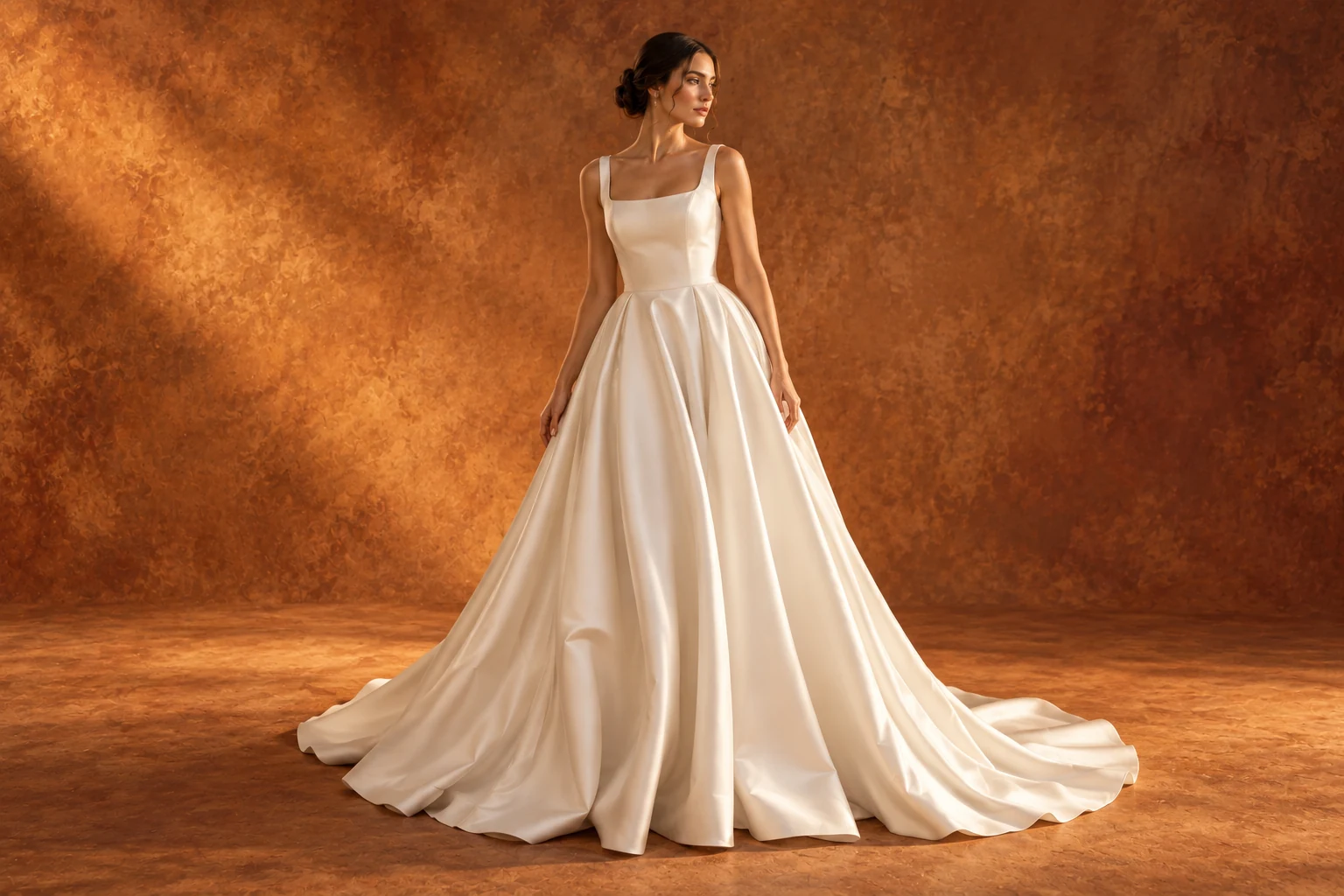 Inspiració MIZUKI: vestit de núvia de setí ivori sobre un fons càlid