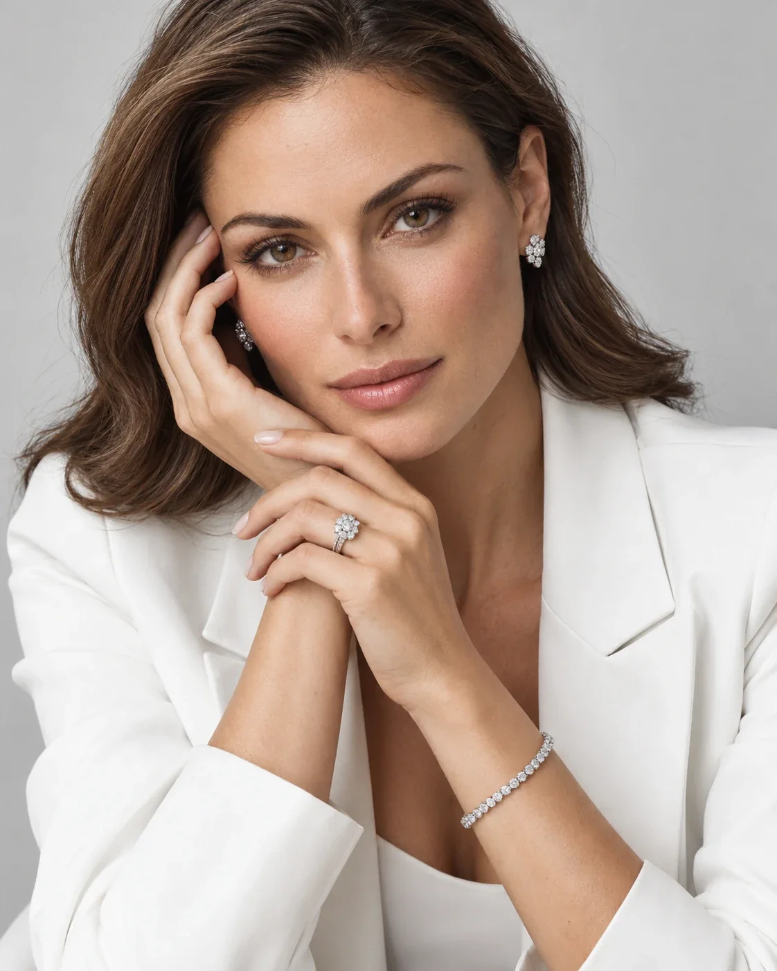 Retrato editorial de una modelo con joyas y chaqueta blanca; imagen creada con IA